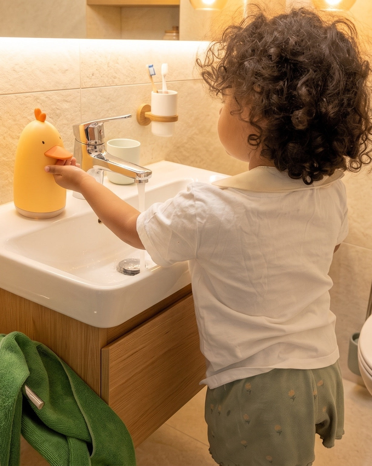 Zweijähriges Kind bedient den LAVO Schaumseifenspender selbstständig am Lavabo — Hände unter dem Schnabel, Sensor aktiv
